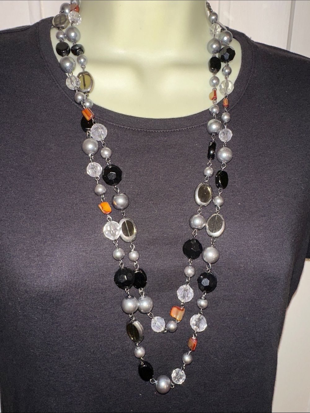 Premier‎ Designs Very Long Glass Bead Necklace in Black, Silver & Orange